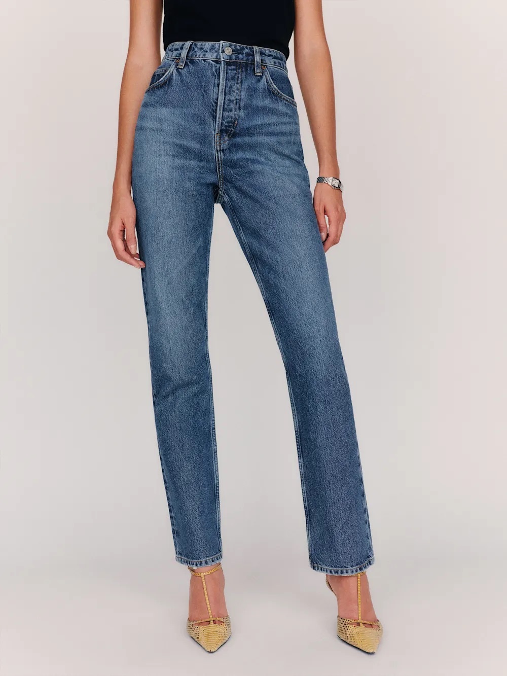 Reformation Cynthia Mid-Blue High-Rise Straight Leg Long Jean